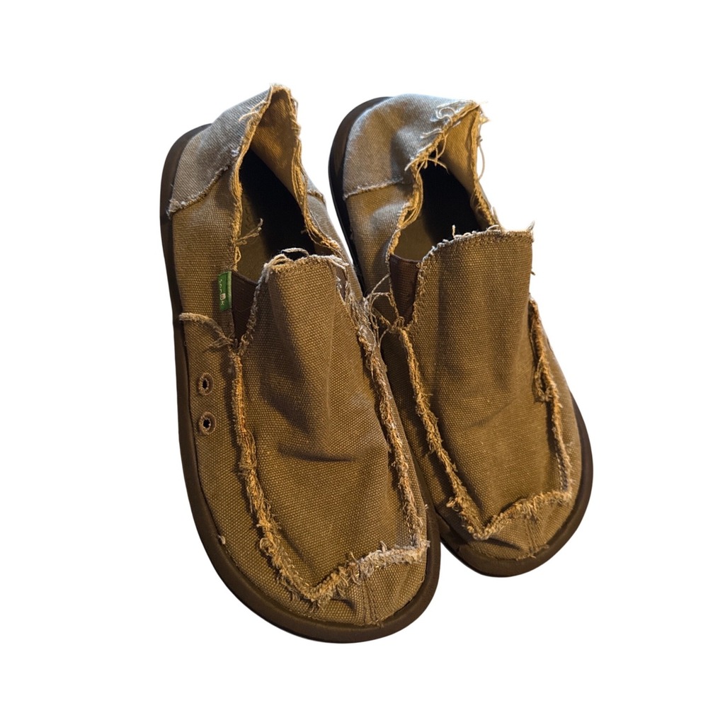 Sanuk Sidewalk Surfer Canvas Slip On Loafers Frayed Casual Shoes Brown Men's 10